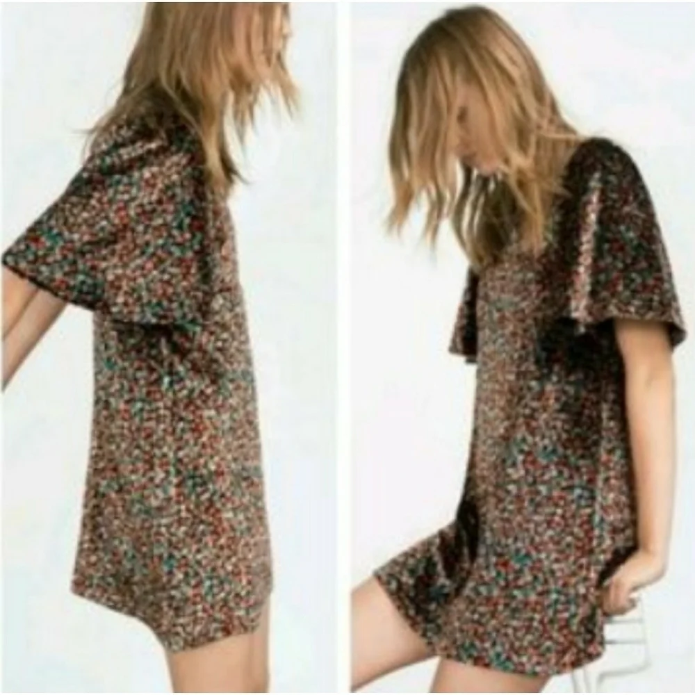 ZARA // short bell sleeve floral velvet mini dress